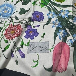 Gucci Floral Silk Scarf — White w/ Multicolor Pink, Purple, Blue,Green…Blooms